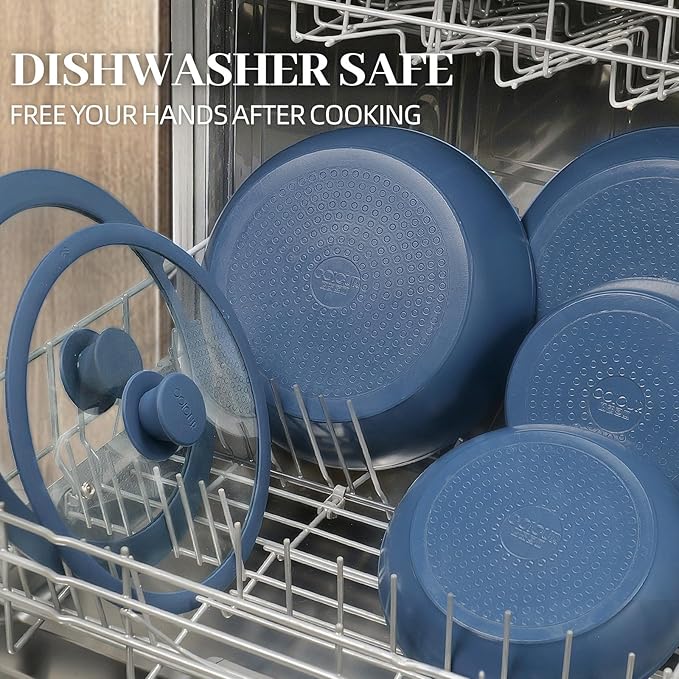 23Pcs Ceramic Cookware Set Non Stick Pots and Pans Set Non Toxic with Detachable Handle Induction Kitchen Cookware Set Space Saving Oven &amp Dishwasher Safe Navy Blue