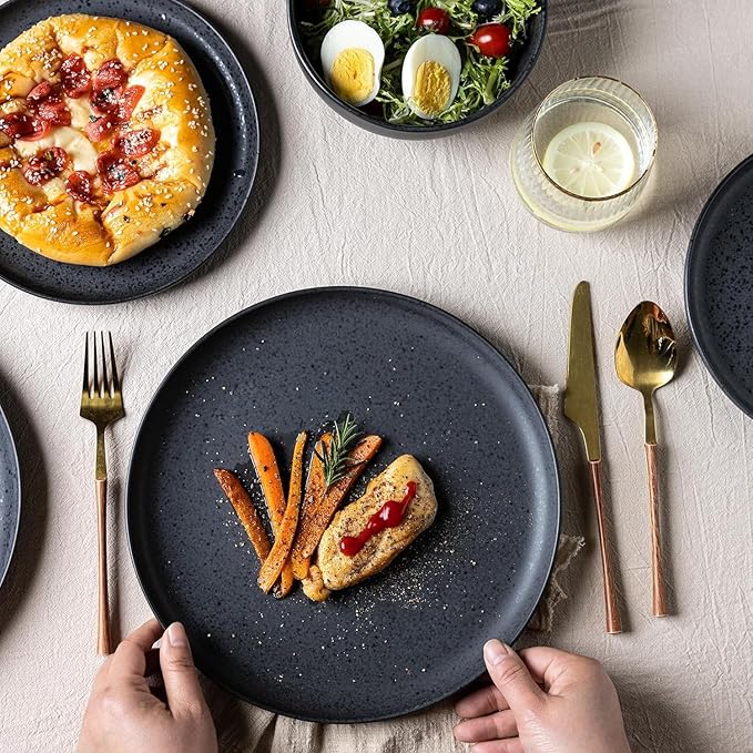 AmorArc Ceramic Dinnerware Sets Wavy Rim Stoneware Plates and Bowls SetsDishwasher &amp Microwave &amp Oven Safe Dishes set Service for 4 (12pc)-Charcoal Matte