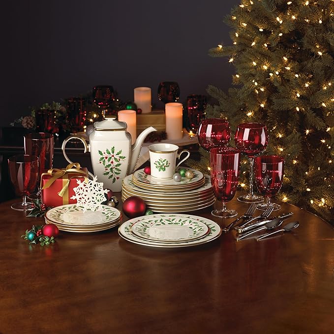 Lenox Holiday 6-Piece Salad Plates Dinnerware Set Service For 6 Porcelain Dishwasher Safe Round Plates Set Ivory Red &amp Green Perfect for Gatherings Hosting Christmas Dinnerware (Ivory 6 Pi