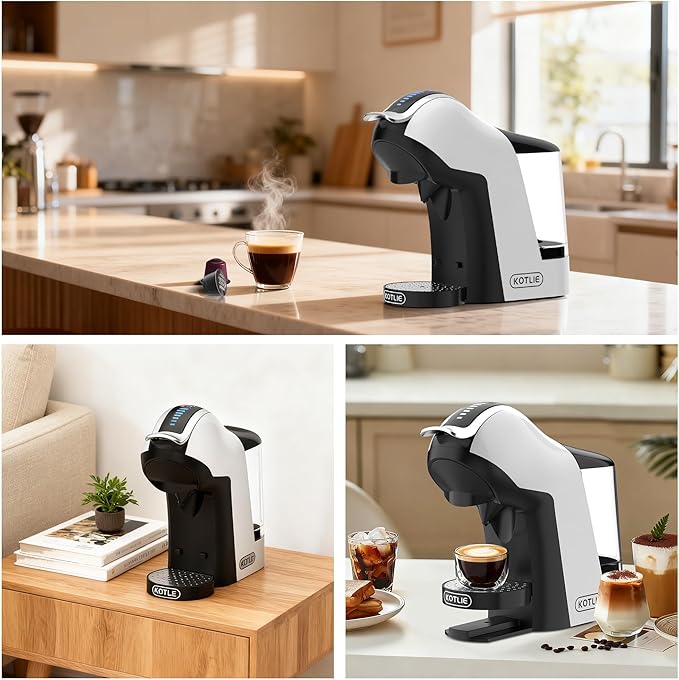 KOTLIE EM-308B Espresso Machine Single Serve Coffee Maker Compatible with Multiple Capsule Types Ground Coffee and ESE Pods 3 Temperatures 7 Water Volume Levels 34 Oz（White）