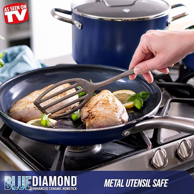 Blue Diamond Cookware Diamond Infused Ceramic Nonstick 10 Piece Cookware Pots and Pans Set Blue &amp Sharp Stone Nonstick Stainless Steel Cutlery 3 Piece Set Blue