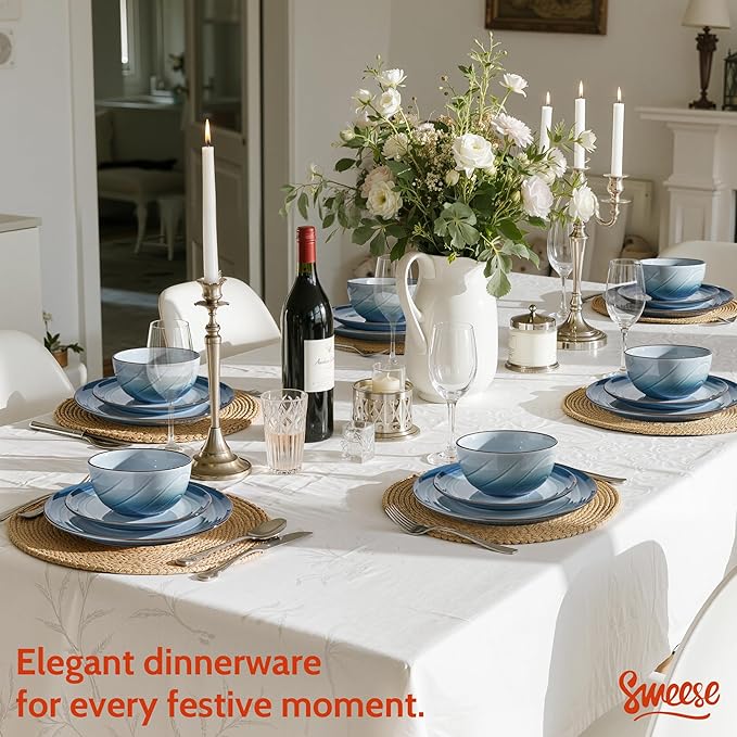 Sweese Porcelain Dinnerware Sets for 6 18 Pieces Ceramic Plates and Bowls Sets Handcrafted Minimalist Dinner Set Chip and Scratch Resistant Dish Set Dishwasher &amp Microwave Safe Ocean Blue