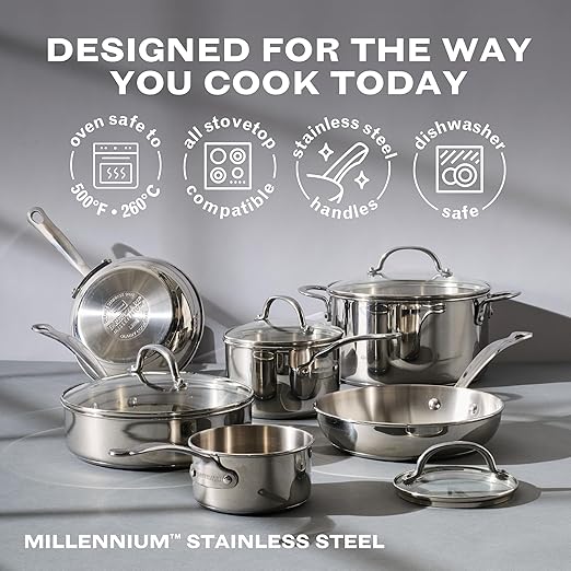Farberware Millennium Stainless Steel Pots and Pans with Lids Induction Ready Compatible with All Cooktops Metal Utensil Safe 10 Piece Cookware Set Dishwasher Safe - Stainless Steel