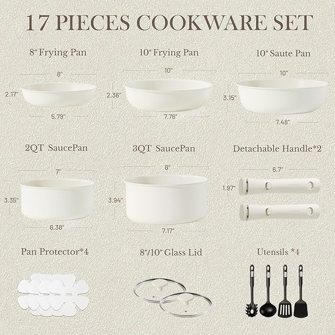 CAROTE 17pcs Pots and Pans Set Nonstick Cookware Set Detachable Handle Induction Kitchen Cookware Sets Non Stick with Removable Handle RV Cookware Set Oven Safe