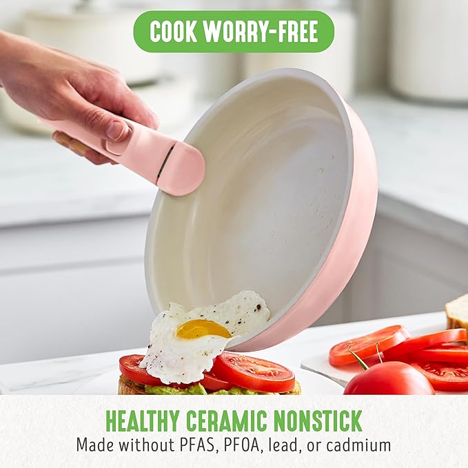 GreenLife 10 Piece Nonstick Pots &amp Pans Set Detachable Handle &amp Stackable Cookware Set Non Toxic PFAS-Free Skillets Induction Kitchen Pans Space Saving Serving Bowls Oven Safe Light Pin