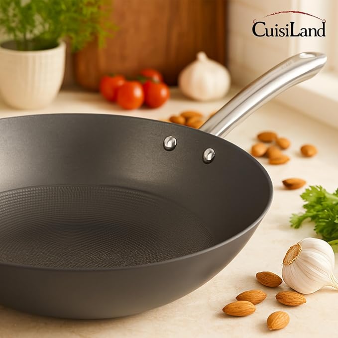 Cuisiland 12 Honeycomb Classic Cast Iron Wok – Non-Stick Wok Stainless Steel Long Handles Oven Safe Cookware Classic Cast Iron Heat Retention Less Oil Cooking