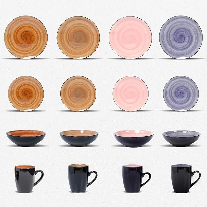 Sonoma 16pc Stoneware Dinnerware Set Outside Black + Inside Hand Painting Combi Colors of Cobalt Mocha Rose and Spice with Speckle