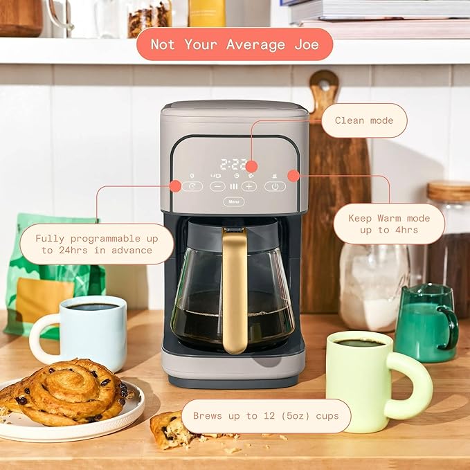 12 Cup Programmable Coffee Maker with Glass Carafe Reusable Filter and Touch Display (Porcini Taupe)