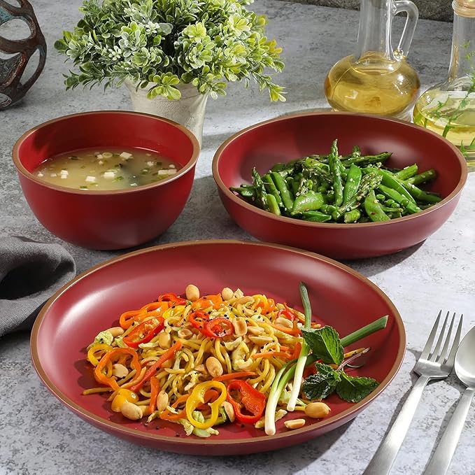 12-Piece Melamine Dinnerware Set – Double Bowl Lightweight Shatter-Resistant Plates and Bowls with Matte Finish – Dishwasher Safe Outdoor and Everyday Dining Set (Red)
