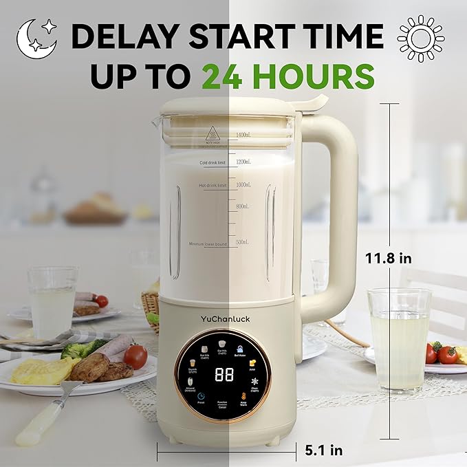 Nut Milk Maker 47ozHomemade Soy MilkAlmond MilkPlant Based MilksOat MilkCoconutBaby FoodElectric Bean and Nut Milk Machine with Delay Start/24 Hours Timer/Keep Warm/Self-Cleaning/Boil Water