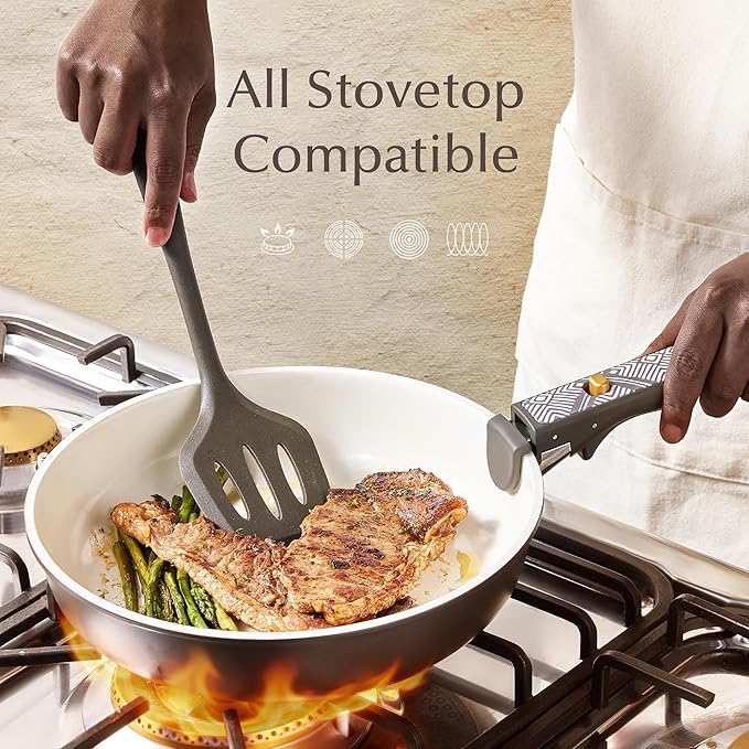 CAROTE 21-Piece Ceramic Cookware Set Nonstick Pots and Pans Set with Detachable Handle Non-Toxic Kitchen Cooking Set Induction Compatible Dishwasher &amp Oven Safe Charcoal