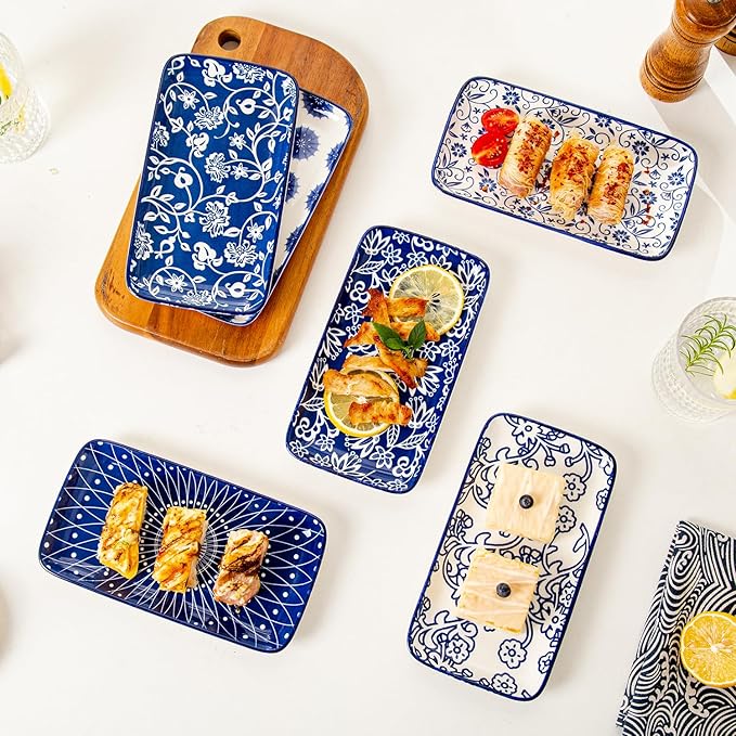 12 Pcs Ceramic Dinnerware - 12 OZ Dessert Bowls and 8 IN Rectangle Serving Platter Set - Service for 6 - Vintage Blue