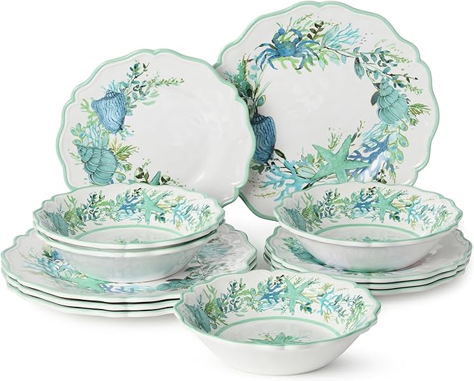 Sea Glass 12 Pc. MELAMINE DINNERWARE SET SERVICEfor 4 coastal mix‑and‑match plates and bowls with ocean motifs ideal for indoor outdoor dining beach homes patios poolside meals