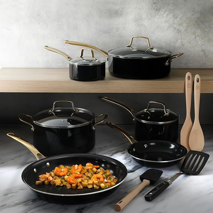 Martha Stewart Lockton 14 Piece Premium Non-Stick Heavy-Gauge Aluminum Cookware Combo Set (Pots Pans and Tools) - Black w/Gold Handles