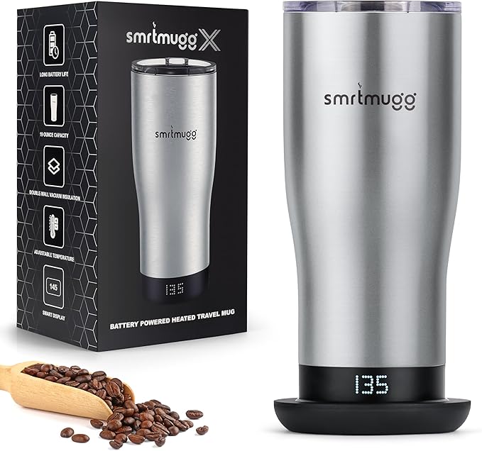 X Heated Coffee Mug 19 oz. 8 Hour Battery Life Self-Heating Adjustable Temp Controlled LCD Screen Includes Cover with Magnetic Slider (Black) (Stainless Steel)