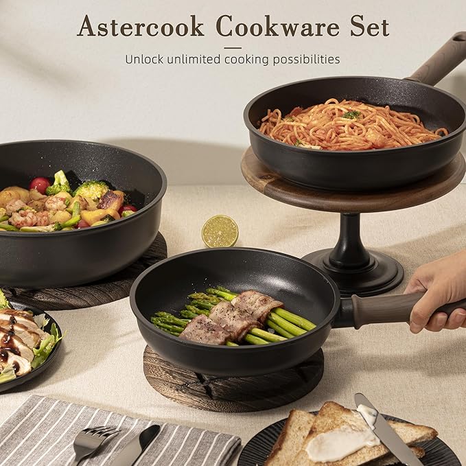 Astercook Non Stick Pots and Pans Set Healthy Non-Toxic Titanium Induction Kitchen Cookware Sets for Cooking with Frying Pans PFAS/PTFE/PFOA &amp PFOS Free Black 19 Pcs