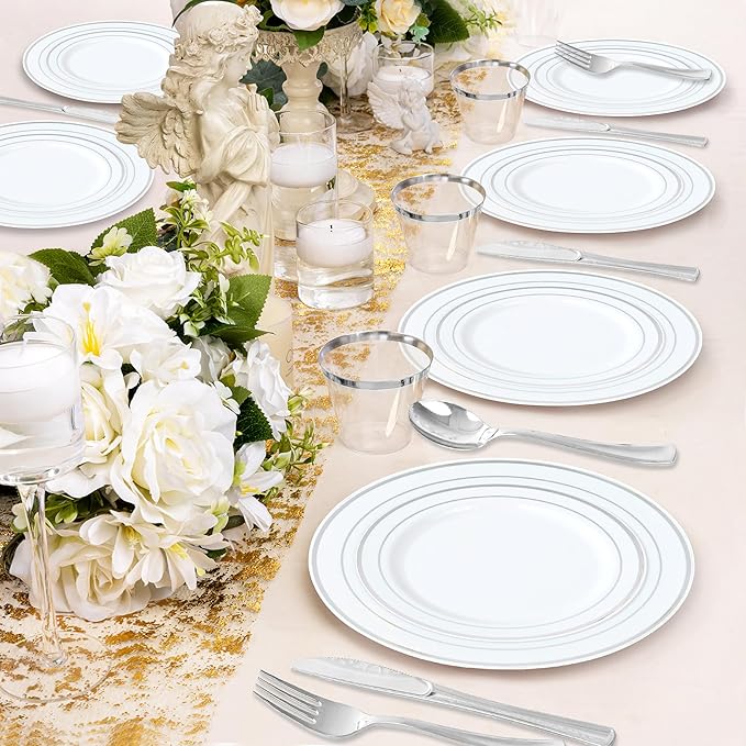 700 Piece Dinnerware Set for Wedding &amp Party100 Guest RimPlastic Plates100 Plastic Silverware100 Cups100 Linen Like Napkins (Rose Glod) lkj
