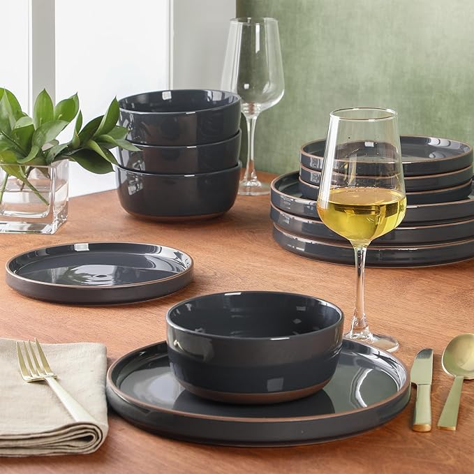 Gibson Elite Northrock Stoneware Dinnerware Set 12-Piece Service for 4 Plates and Bowls Set – Charcoal Blue Dishes with Hand-Painted Terracotta Base