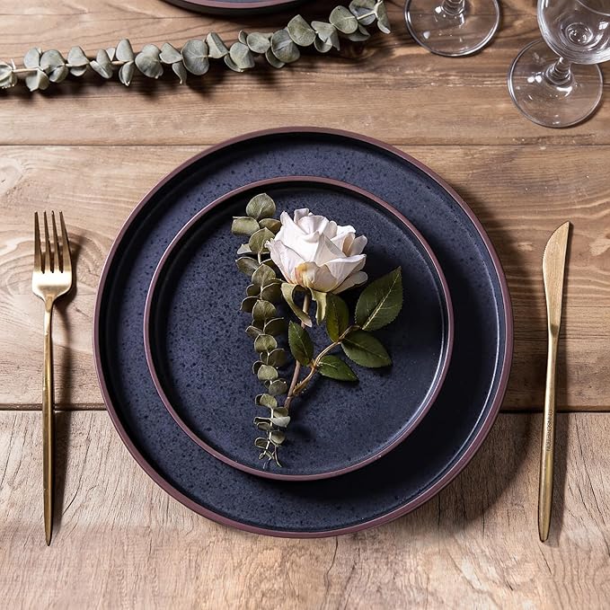 LERATIO Ceramic Dinnerware Sets for 6 High Edge Stoneware Plates and Bowls Set Chip and Crack Resistant | Oven &amp Dishwasher &amp Microwave Safe Dishes Set Service for 6 -Ashen
