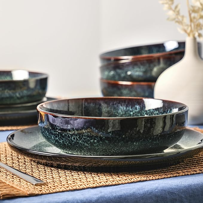 Stone Lain Remy 12-Piece Dinnerware Set Stoneware Plates and Bowls Set Dishwasher and Microwave Safe Dish Set for 4 Blue