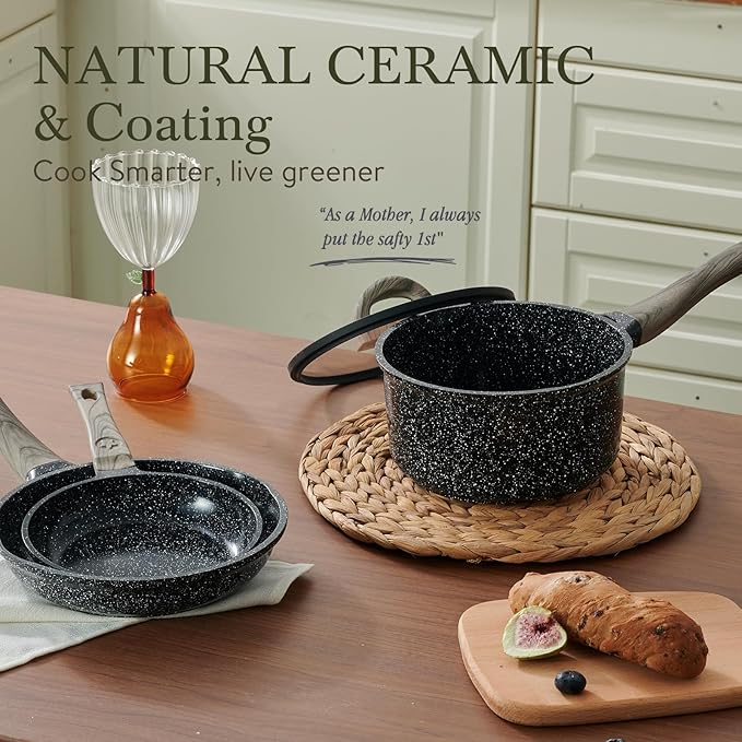 Ceramic Cookware Set 22 Piece Nonstick Pots and Pans Set Non Stick Kitchen Cooking Sets 8Frying Pans with LidBlack Granite Non-Toxic Induction Kitchen Cookware w/Glass Lids PFOS/PFOA-Free