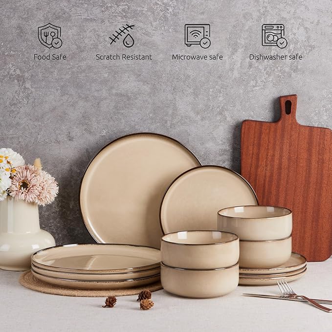 E-far 12-Piece Plates and Bowls Set and 10.5” Ceramic Dinner Plates Set of 6 Bundle Stoneware Dinnerware Sets for 4 Round Salad Plate for Home Kitchen Restaurant Microwave &amp Dishwasher Safe