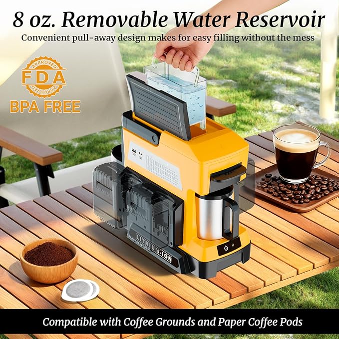 Cordless Coffee Maker for Dewalt 20V MAX Battery 3 Brewing Options Drip Coffee Maker with Coffee Grinder Portable Single Serve Coffee Makers for Camping Travel and Jobsite. (Tool Only)