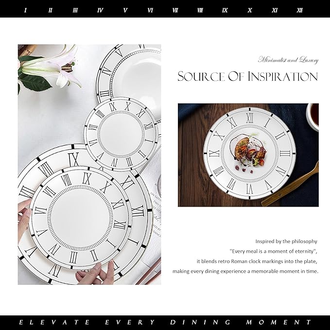 16 Piece Roman Clock Pattern Porcelain Dinnerware Set Luxury Dishes Set for 4 Dishwasher Safe Great for Party Wedding Housewarming and Hote