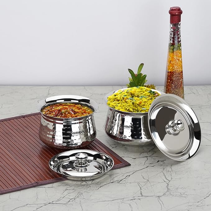 Sumeet Stainless Steel Handcrafted Hammered Texture Handi Set with Lid for Kitchen Set of 2 460ml &amp 650ml Silver