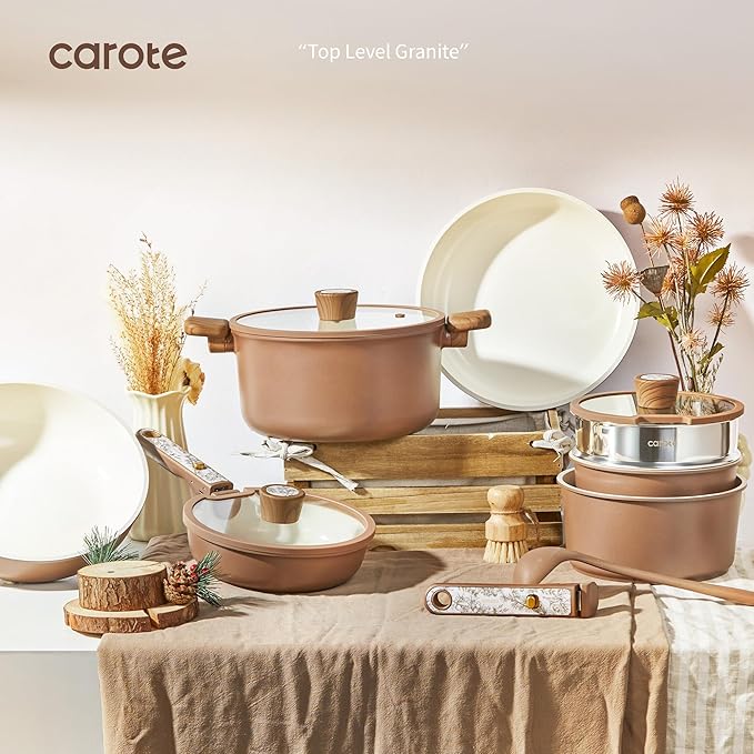 CAROTE 25-Piece Ceramic Cookware Set Nonstick Pots and Pans Set with Detachable Handle Non-Toxic Kitchen Cooking Set Dishwasher &amp Oven Safe Induction Compatible PFAS Free Chocolate