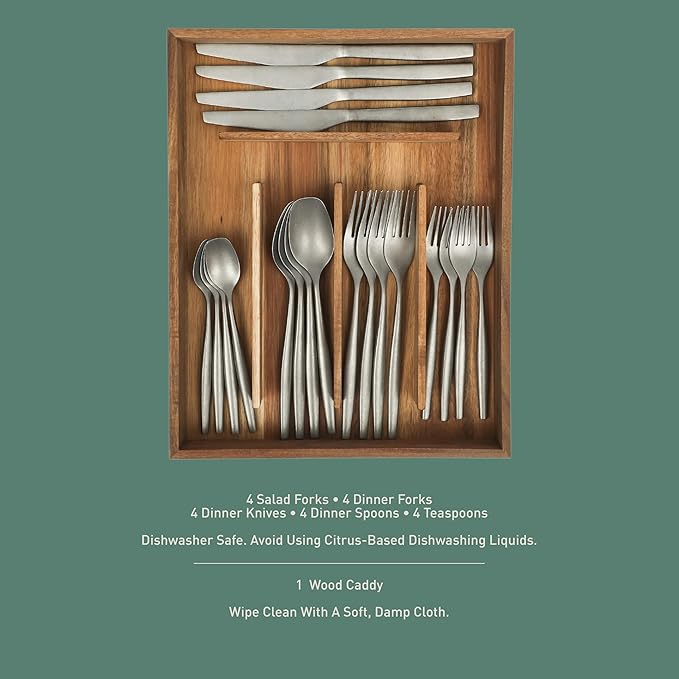 Bloomhouse - Two Time Oprah's Favorite Things Winner - 20 Piece Stone Washed Flatware 18/10 Stainless Steel Silverware Cutlery Utensil Set With Acacia Wood Caddy - Service for 4