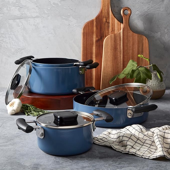 Denmark Tools for Cooks 7 Piece Ceramic Nonstick Aluminum Nesting Cookware Set Pots Pans Blue