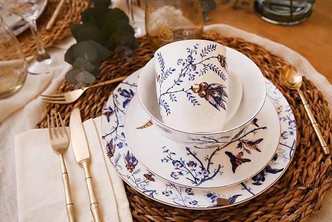 Bulgary Plates and Bowls Sets Dishes Set for 4 Ceramic Plates and Bowls Set Service for 4 Bone China Dinnerware Set Salad Dessert Plates and Cereal Bowls Set Microwave safe by KOKEN