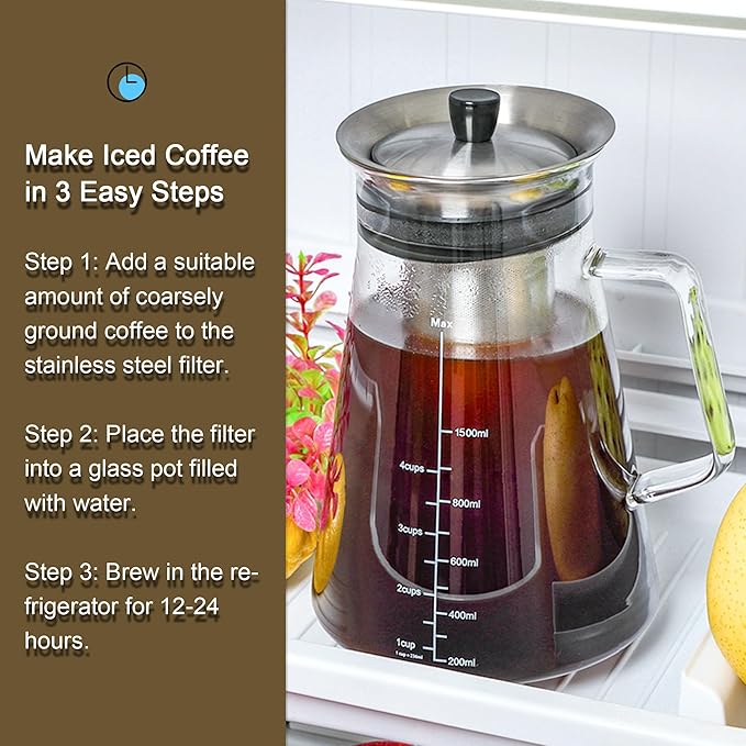 Aquach Airtight Cold Brew Coffee (Iced Tea) Maker 51oz/1.5L BPA-Free Durable Borosilicate Glass Pitcher and Stainless Steel Fine-Mesh Filter Dishwasher Safe Spill-proof 6 Cups Capacity