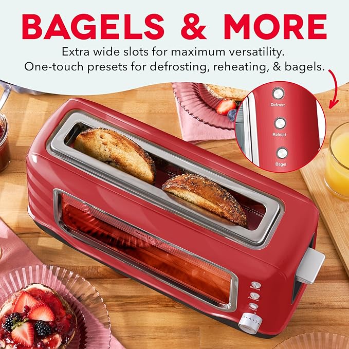 Dash Clear View Toaster - Features Large Window &amp Extra-Wide Slots - Auto-Shut Off Feature - Bagel Functions &amp Seven-Browning Levels - 1-Touch Defrost - Red