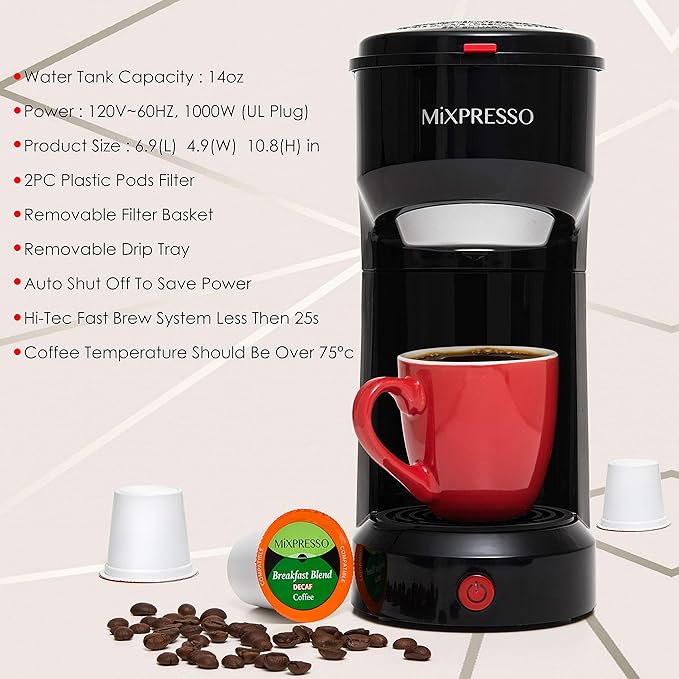 Mixpresso 2-in-1 Coffee Maker – Single Serve &amp Ground Coffee Brewer Compact Personal Coffee Machine for Pods &amp Loose Grounds Quick Brew 14 oz Portable Small Coffee Maker Black
