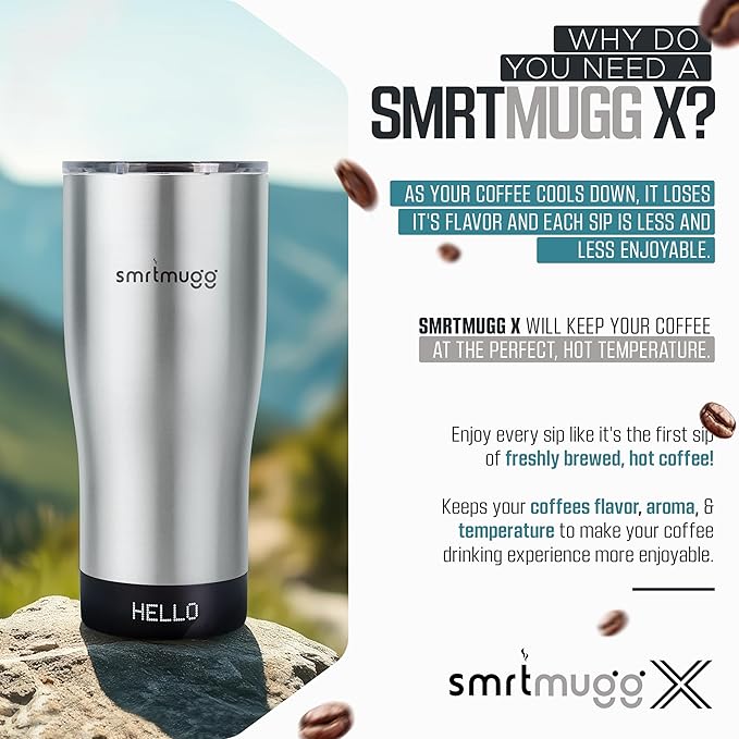 X Heated Coffee Mug 19 oz. 8 Hour Battery Life Self-Heating Adjustable Temp Controlled LCD Screen Includes Cover with Magnetic Slider (Black) (Stainless Steel)
