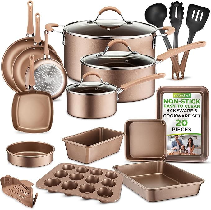 NutriChef 20-Piece Pots and Pans Set Non Stick – Induction Cookware Set PFAS-Free Nonstick Cookware for All Cooktops Includes Bakeware &amp Kitchen Utensils