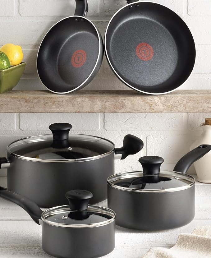 T-fal Initiatives Nonstick Cookware Set 18 Piece Oven Broiler Safe 350F Kitchen Cooking Set w/Fry Pans Saucepans Stockpots Skillet Spoons Lids Pots and Pans Set Dishwasher Safe Stone Grey