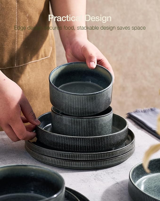 Famiware Star Dinnerware Set Plates and Bowls Sets for 4 (12pcs) Ribbed Stoneware Dishes - Chip &amp Scratch Resistant Microwave &amp Dishwasher Safe Deep Forest