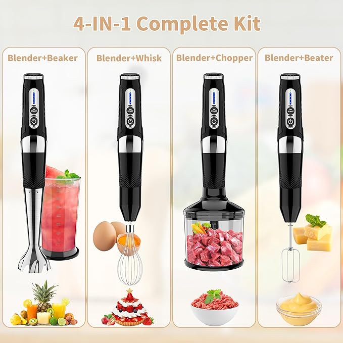 Toogel Cordless Immersion Blender 4-in-1 Electric Hand Blender with 21-Speed &amp 3-Angle Adjust USB Rechargeable BPA-Free &amp Dishwasher Safe for Baby Food Smoothies Soup (Black)