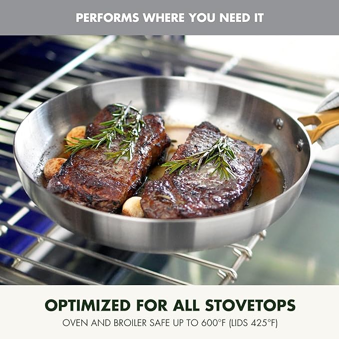 GreenPan Stainless Steel Tri-Ply Reserve 10” and 12” Frying Pan Skillet Set Multiclad Cookware Induction Oven &amp Broiler Safe to 600°F Heat Responsive Core Dishwasher Safe Gold Handles