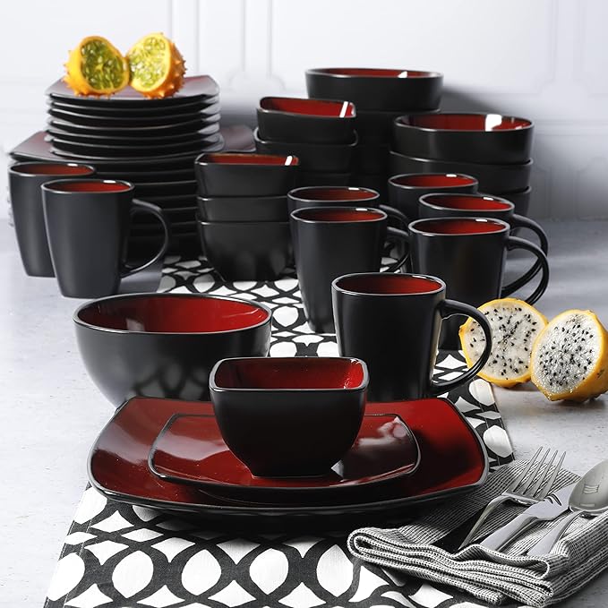 Gibson Elite Soho Lounge Square Reactive Glaze Stoneware Dinnerware Set Service for 8 (40pc) Red/Black