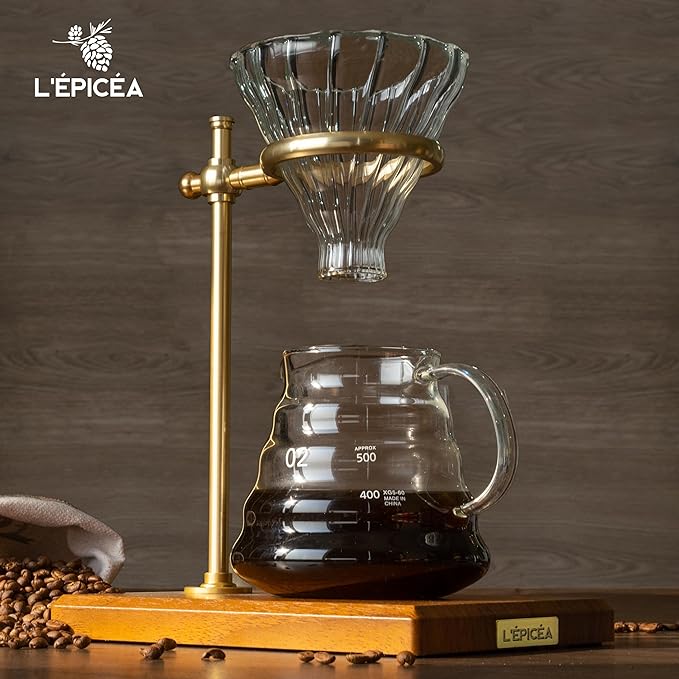 L'ÉPICÉA Pour Over Coffee Maker Set Pour Over Coffee Maker with Stand Adjustable Stainless Steel Stand Wooden Base Paper Filters Cone Glass Coffee Carafe Pour Over Coffee Dripper