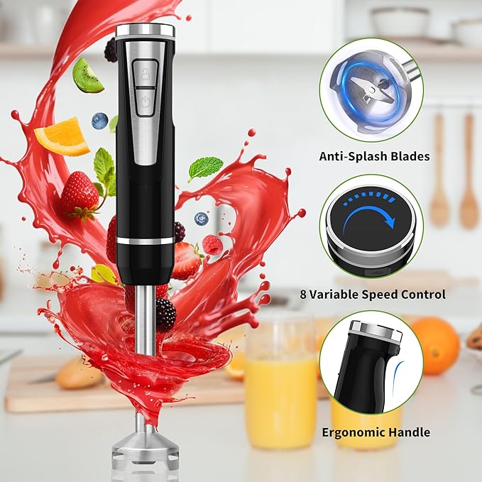 Cordless Immersion Blender Handheld: 4-in-1 Cordless Hand Blender with 500ml Chopper 600ml Beaker Egg Whisk 8 Speeds Hand Stick with USB Rechargeable for Smoothies Baby Food Soup (Black)