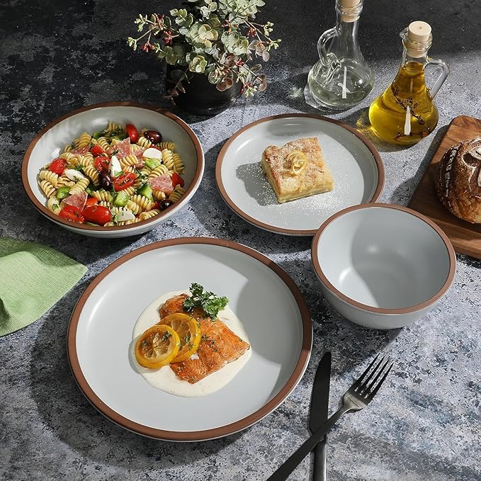 16 Piece Terracotta Dinnerware Set – Matte Ceramic Plates and Double Bowls with Raw Rim Microwave &amp Dishwasher Safe Service for 4 (Matte White)