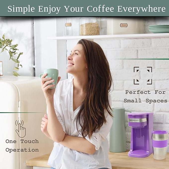 Mixpresso Purple Personal Single Serve Coffee Maker with 14oz Travel Mug Drip Small Coffee Maker with Auto Shut Off Reusable Filter Works with Ground Coffee Only – Not for K-Cup Pods