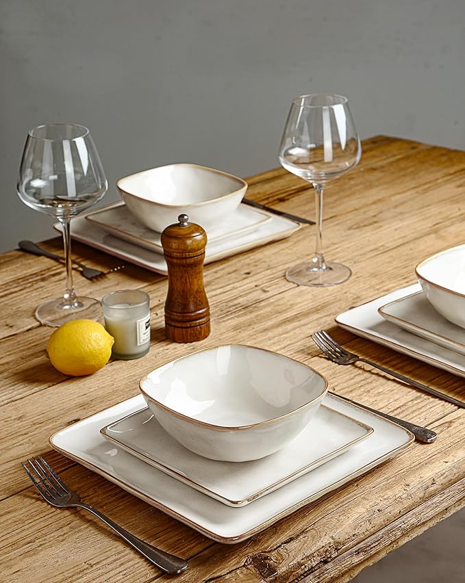 Famiware Ocean Square Plates and Bowls Sets for Kitchen 16-Piece Dinnerware Sets for 4 Reactive Glaze Cappuccino White