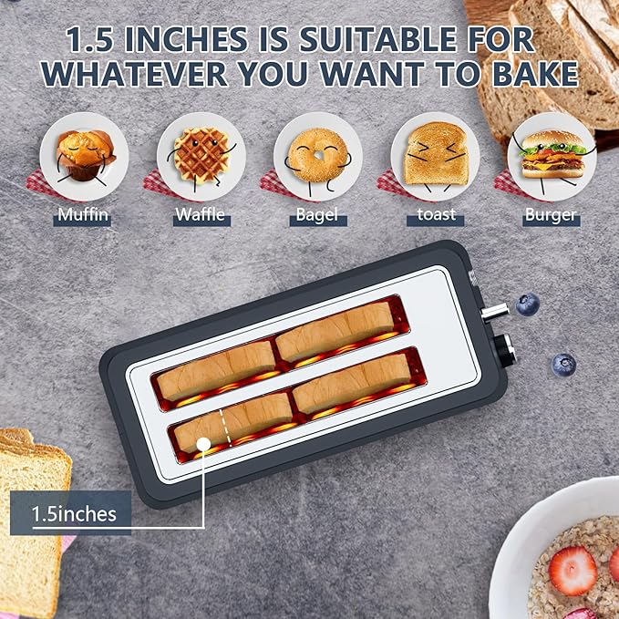 4-Slice Toaster Extra Wide Long Slot Toaster 6 Browning Settings Bagel/Defrost/Reheat Functions Removable Crumb Tray Stainless Steel Housing 1350W Matte Blue