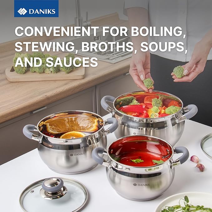 Daniks Modern 6-Piece Stainless Steel Cookware Set with Glass Lids Tri-Ply Bases for Even Heating Induction Compatible Dishwasher Safe Heatproof Handles